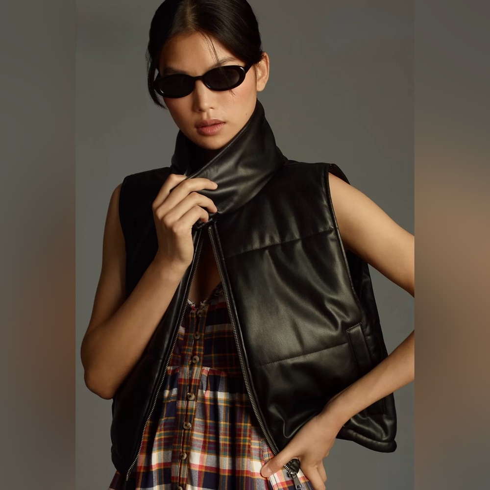 By Anthropologie Faux Leather Puffer Vest Black Size Large
